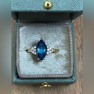 14K Yellow Gold Natural 1.5ct London Blue Topaz .25ct Diamond Ring, size 7.5